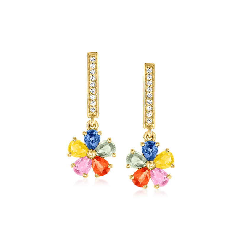 Multicolored sapphire floral drop earrings with diamond accents