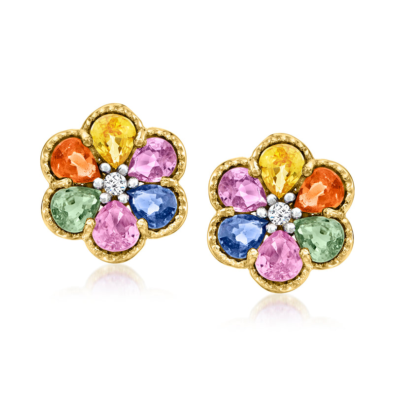 Multicolored gemstone flower stud earrings with diamond accents, 18kt gold over sterling