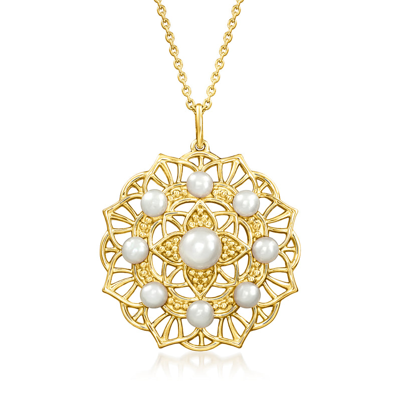 18kt gold over sterling pearl filigree pendant necklace with round floral disc