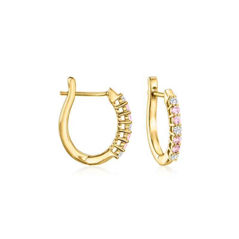 18kt gold over sterling hoop earrings with pink sapphires and clear diamonds, hinged back