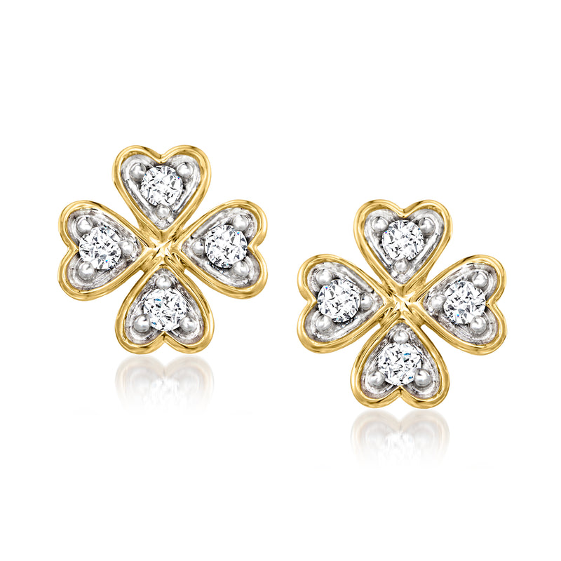 14kt yellow gold diamond four-leaf clover post earrings with heart-shaped stones