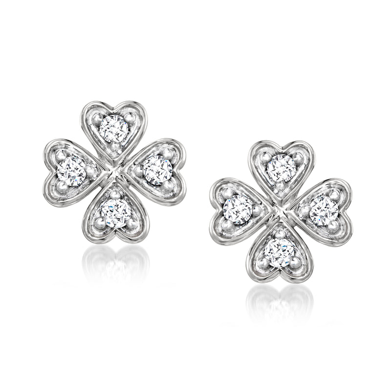 Sterling silver diamond four-leaf clover stud earrings with four round stones