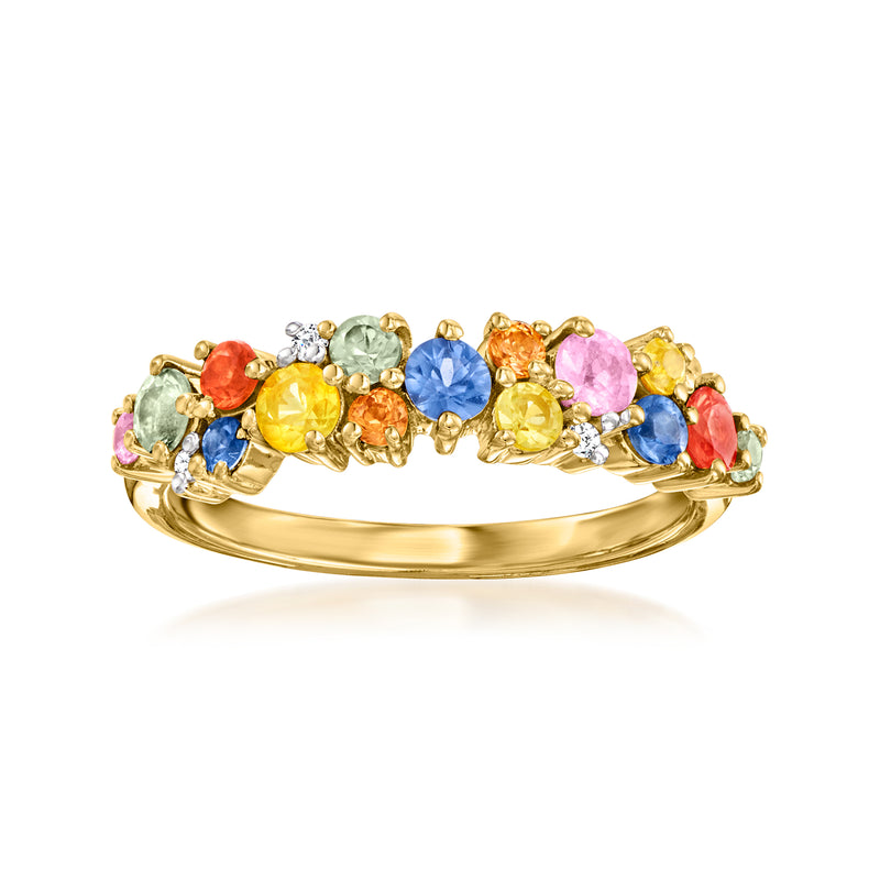 Multicolored sapphire and diamond ring in gold with oval cluster settings