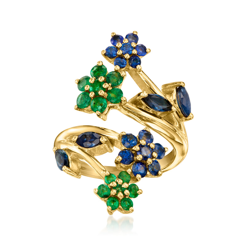 18kt gold over sterling floral ring with blue sapphire and green emerald accents