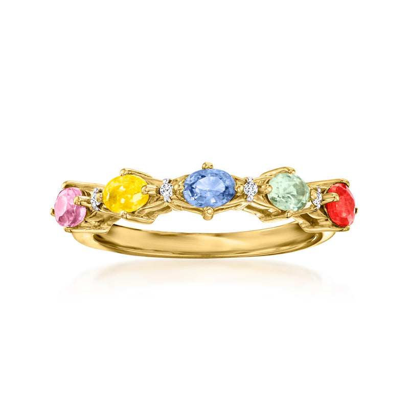 Multicolored sapphire and diamond ring in gold-tone band with oval center stones