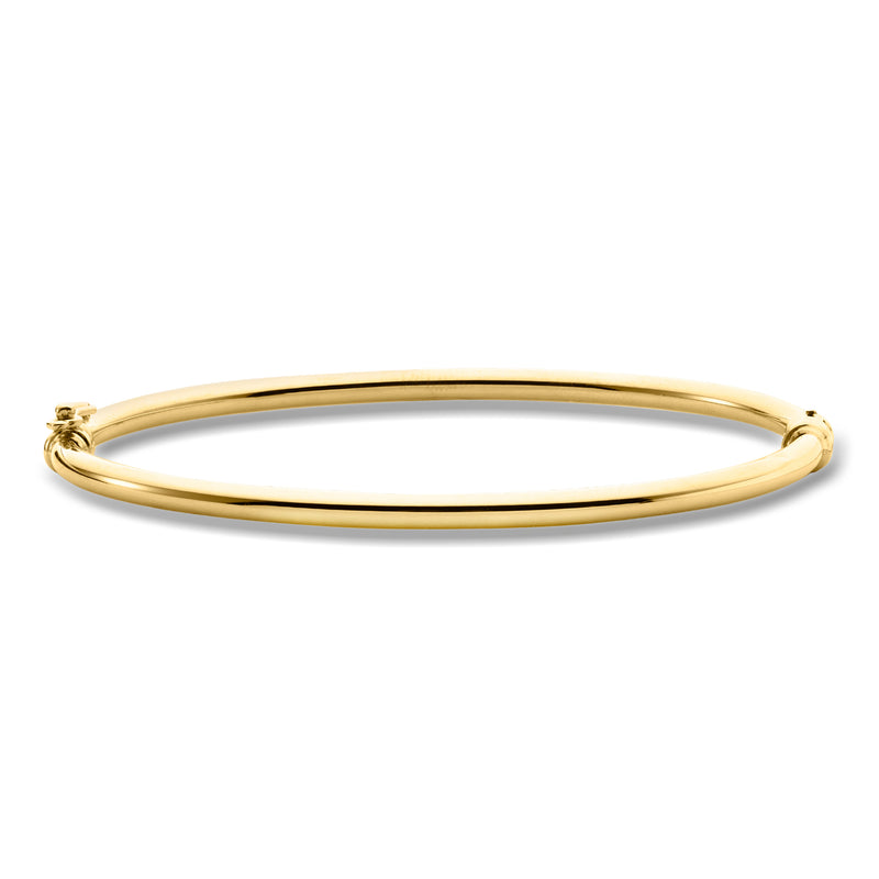 Polished 10kt yellow gold bangle bracelet, smooth oval hoop with clasp detail