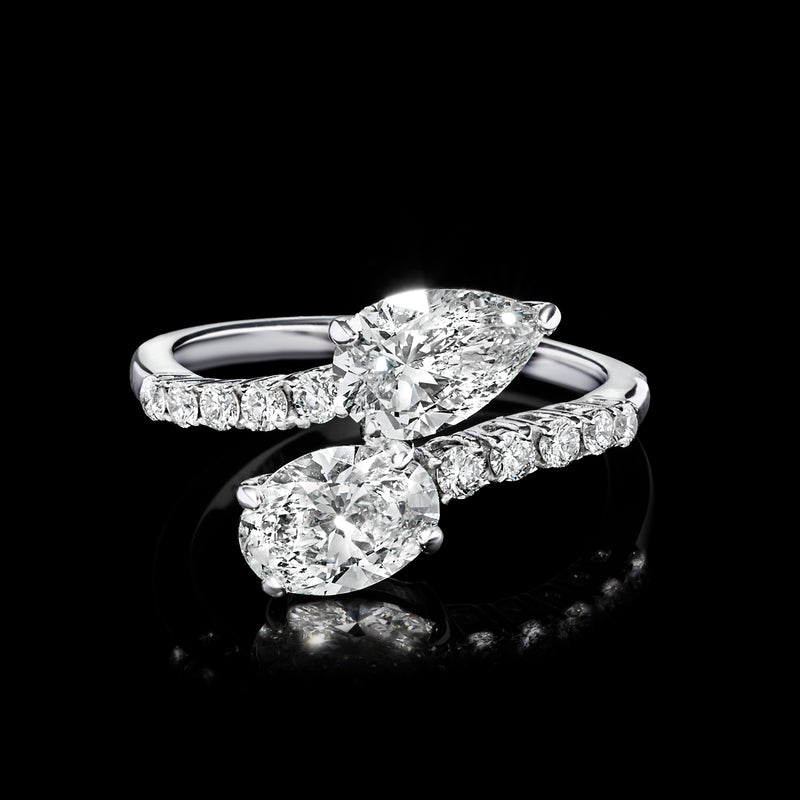 Lab-grown diamond toi et moi bypass ring in white gold with pear and oval stones