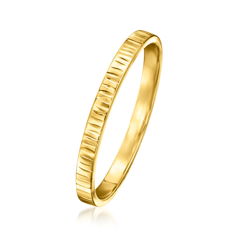 Slim yellow gold textured ring band with horizontal ridges, angled view