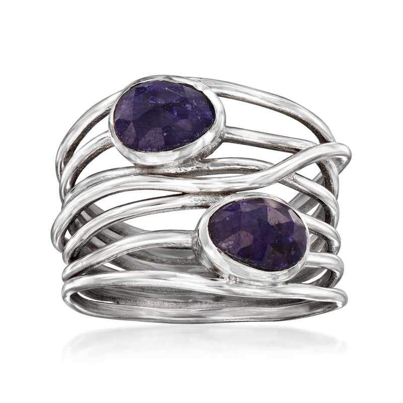 Sterling silver sapphire highway ring with two oval purple gemstones and braided band