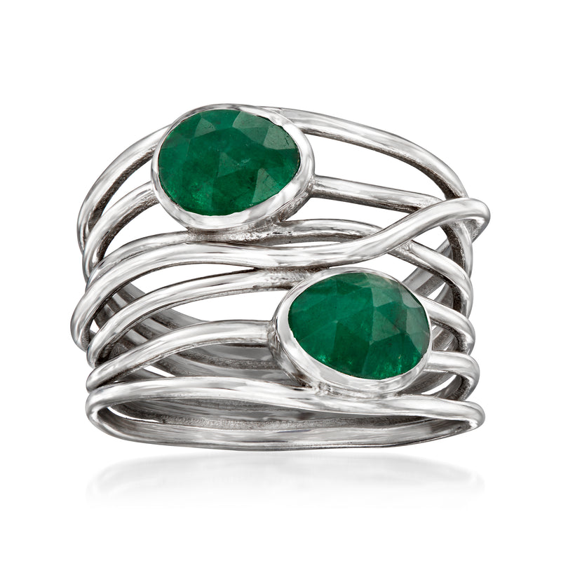 Sterling silver emerald-green oval gemstone crisscross ring, two stacked settings
