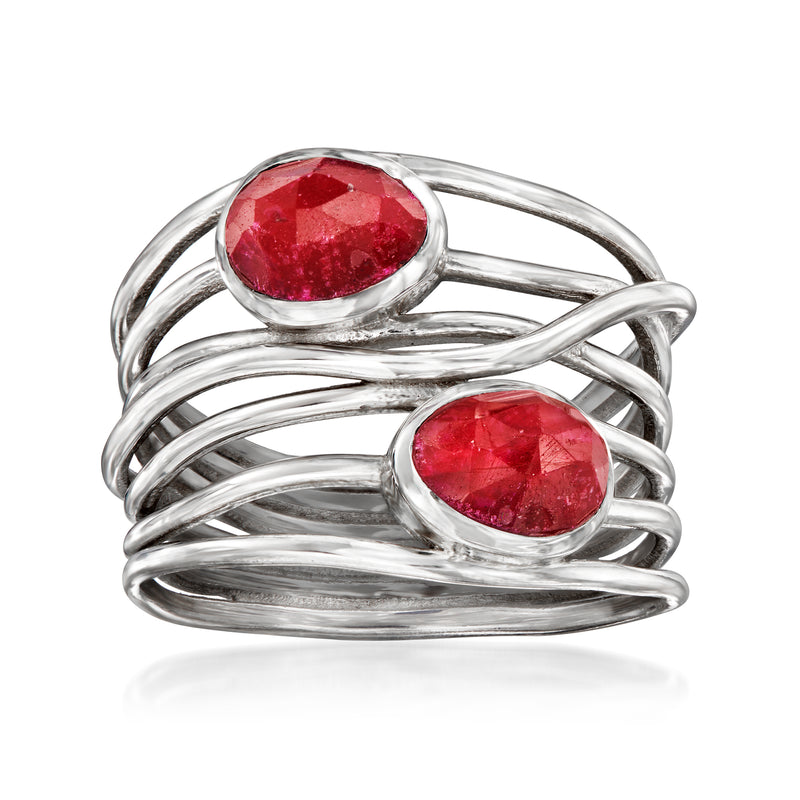 Sterling silver ring with two red oval ruby stones and braided wrap band