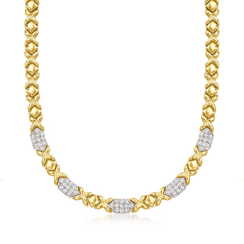 Two-tone 14kt gold diamond XO-link necklace with 5 diamond stations on chain