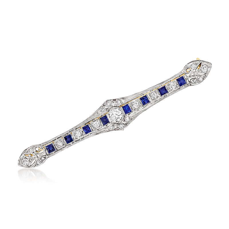 Platinum filigree bar pin with blue sapphire and white diamond accents, vintage style