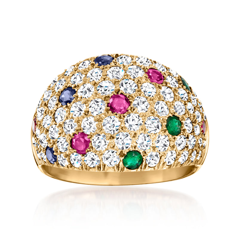18kt yellow gold dome ring with round diamonds and multicolor gemstone accents
