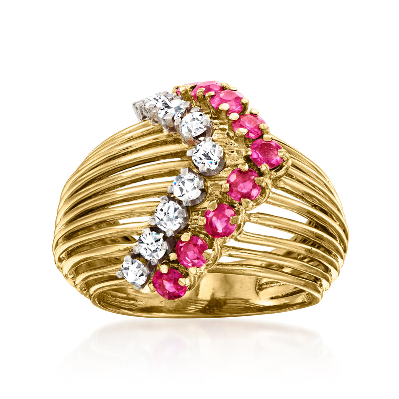 18kt yellow gold band ring with ruby oval clusters and round diamond accents