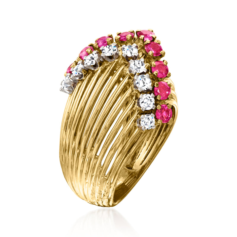 18kt yellow gold ribbed ring with ruby and diamond cluster top, side view