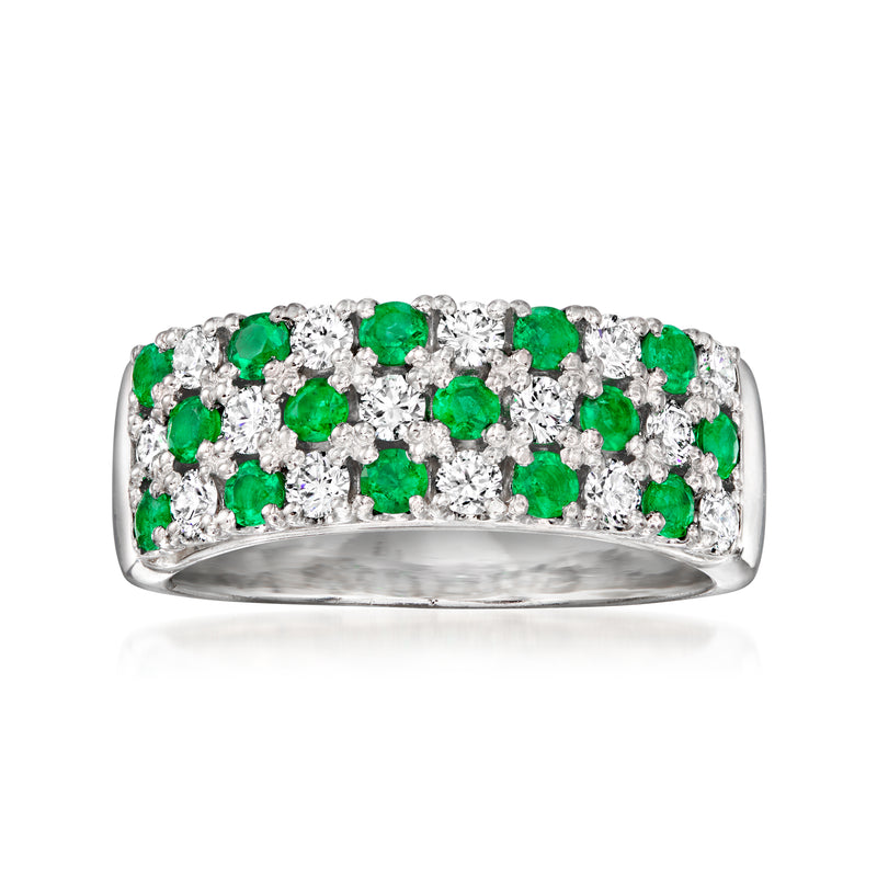 Platinum checkerboard ring with emerald green stones and diamond accents