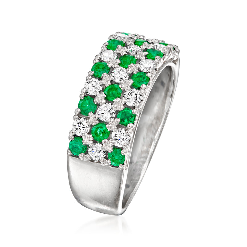 Platinum checkerboard ring with emerald green stones set in diamond frames