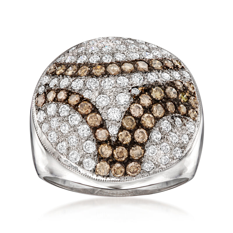 Oval diamond cluster ring with brown and white stones in 18k white gold band