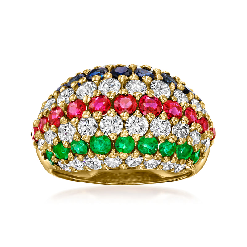 Yellow gold vintage striped ring with round multi-gem stones and white diamonds