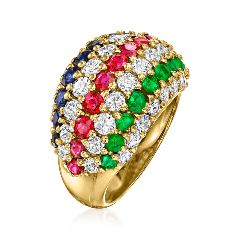 Side view of yellow gold vintage striped ring with red, green, blue, and white stones