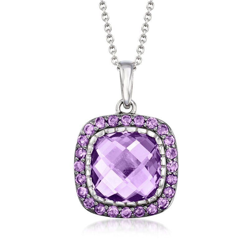 Sterling silver amethyst pendant necklace with purple faceted gemstone halo