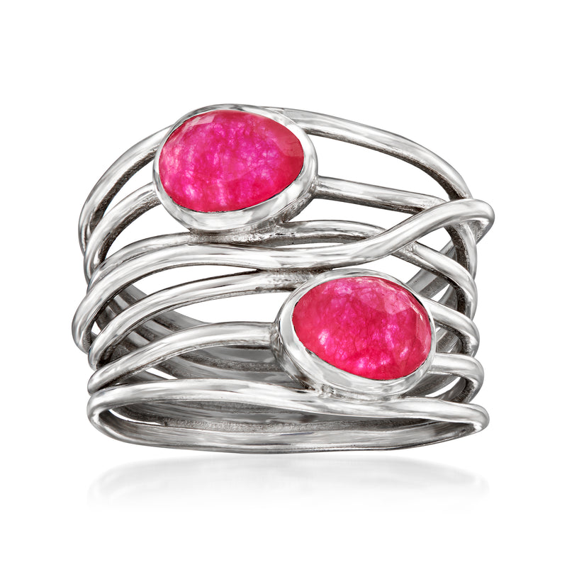 Sterling silver ring with two oval pink quartz gemstones, crisscross band