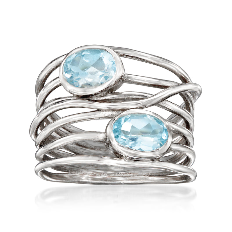 Sterling silver highway ring with two oval sky blue topaz gemstones