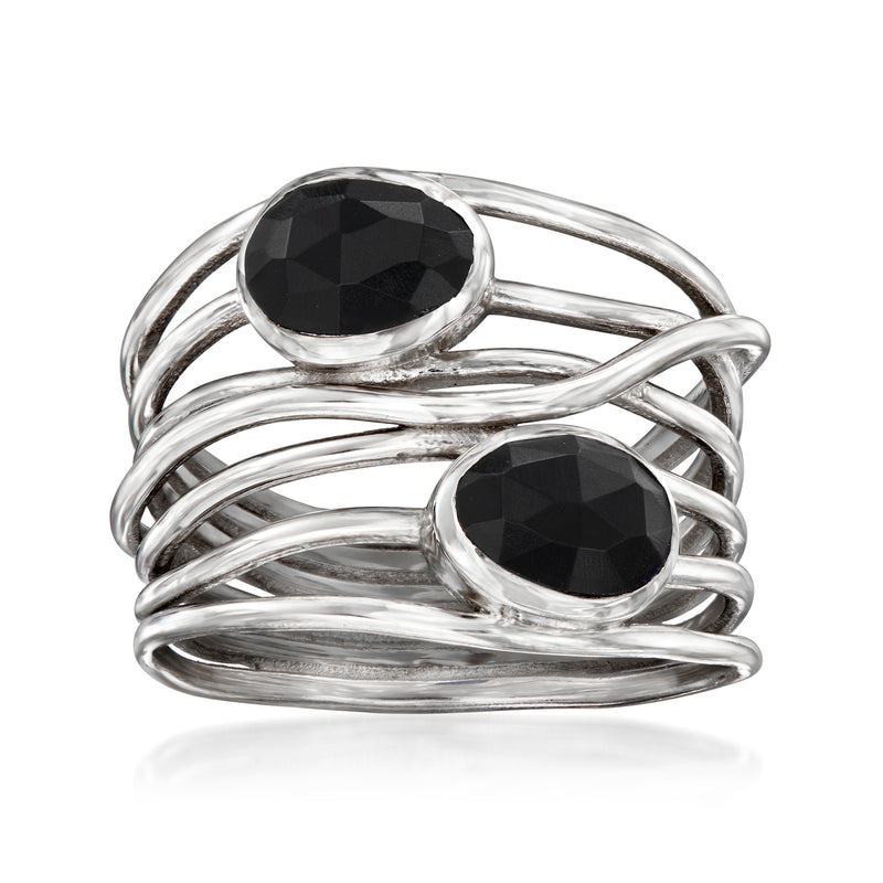 Sterling silver ring with two faceted black stones in oval bezels, crisscross bands