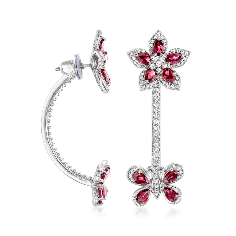 Sterling silver drop earrings with rhodolite-red flower and butterfly design, sparkling clear stones