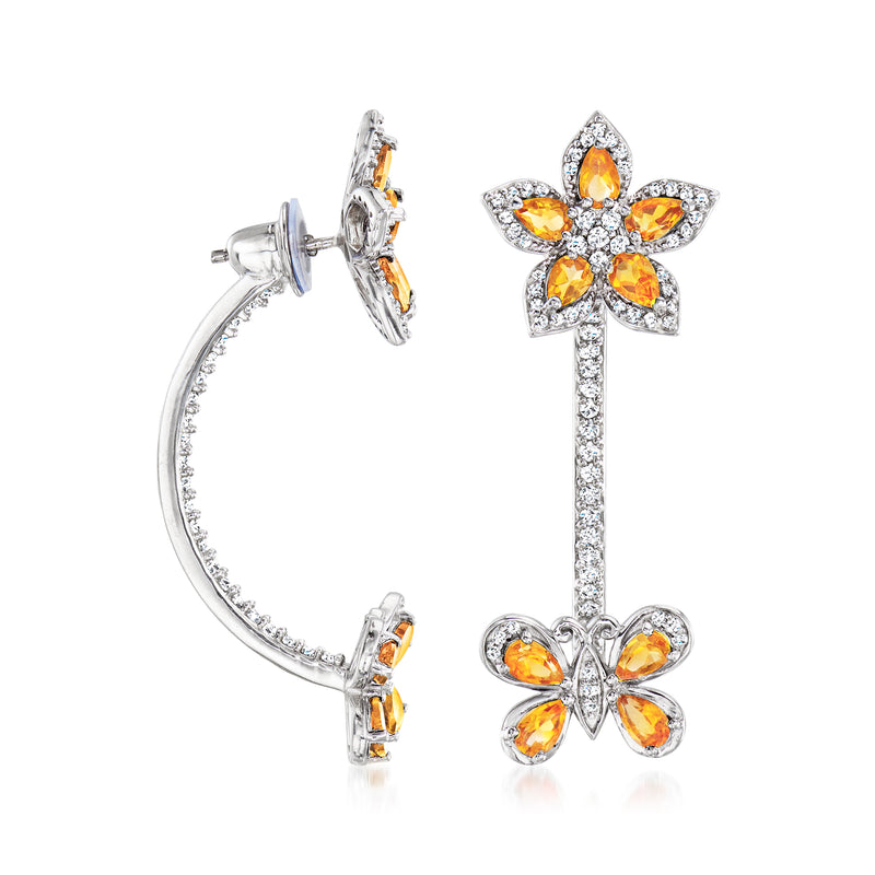 Sterling silver drop earrings with orange citrine and white zircon flower-and-butterfly dangles