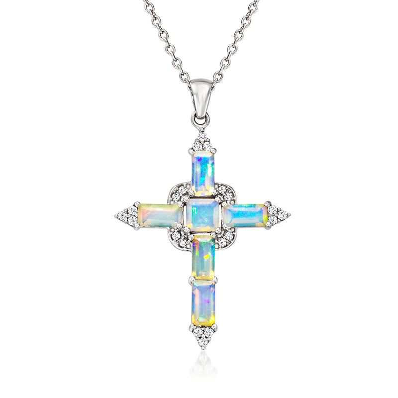 Sterling silver cross pendant necklace with iridescent opal-style zircon stones
