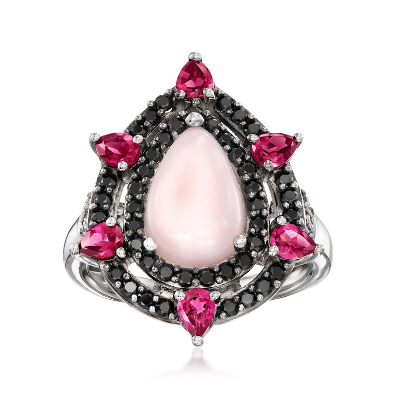 Sterling silver ring with oval pink opal center, black spinel setting and pink gemstones