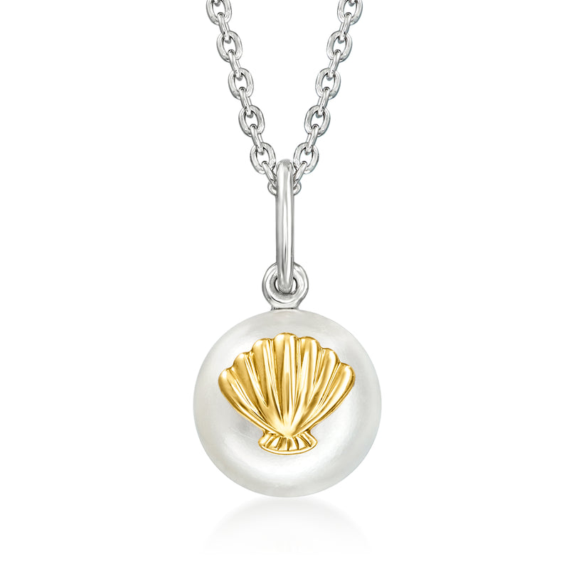 Seashell pendant necklace with round white pearl shell, 14kt gold ridged insert, silver chain