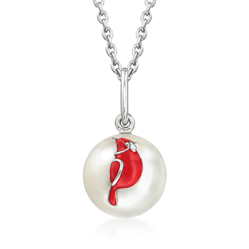 Sterling silver cultured pearl pendant with red enamel cardinal on chain