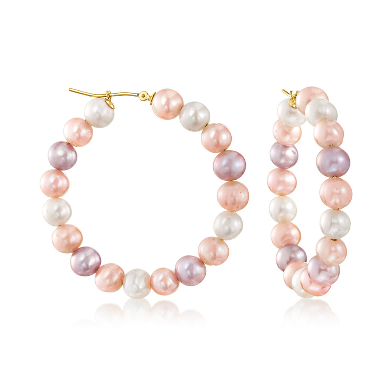 14kt yellow gold hoop earrings with multicolored cultured pearl beads in pink and white