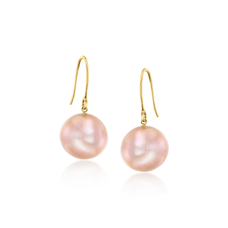 Pink cultured pearl drop earrings in 14kt yellow gold, round pearls on earwires