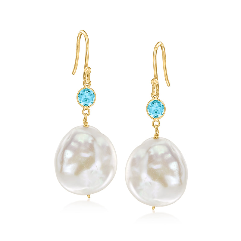 Gold-tone drop earrings with blue round gemstone and large white coin pearl