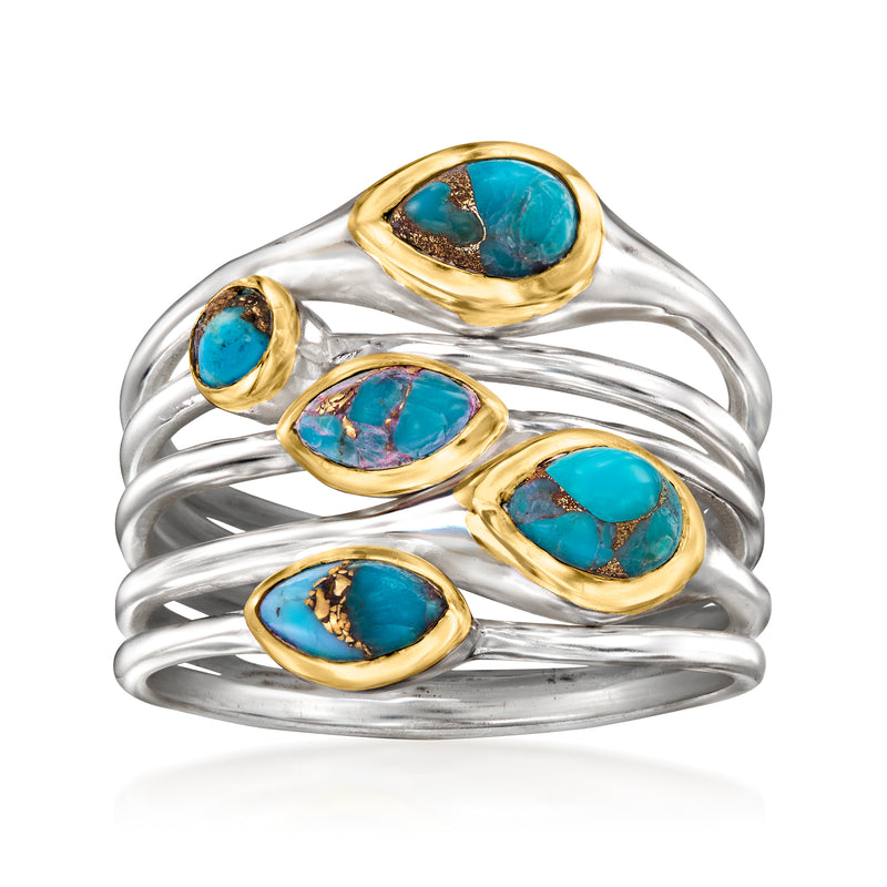 Sterling silver turquoise highway ring with five oval turquoise cabochons, gold bezel accents