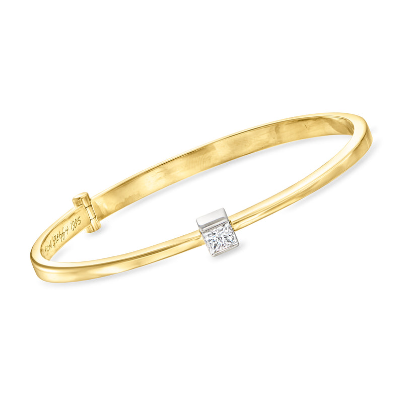 14kt two-tone gold diamond bangle bracelet with square bezel setting