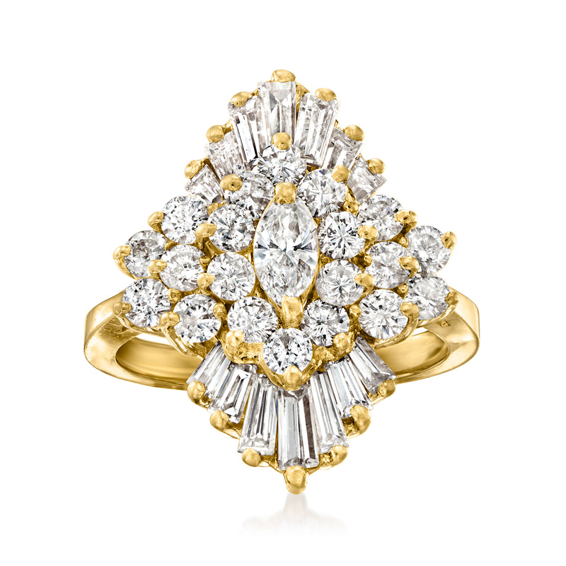 14kt yellow gold diamond cluster ring with baguette and round diamonds