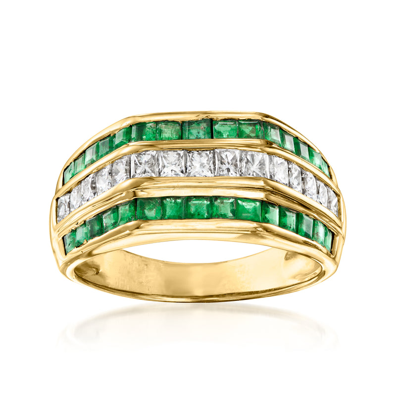 18kt yellow gold vintage ring with emerald and diamond channel-set bands