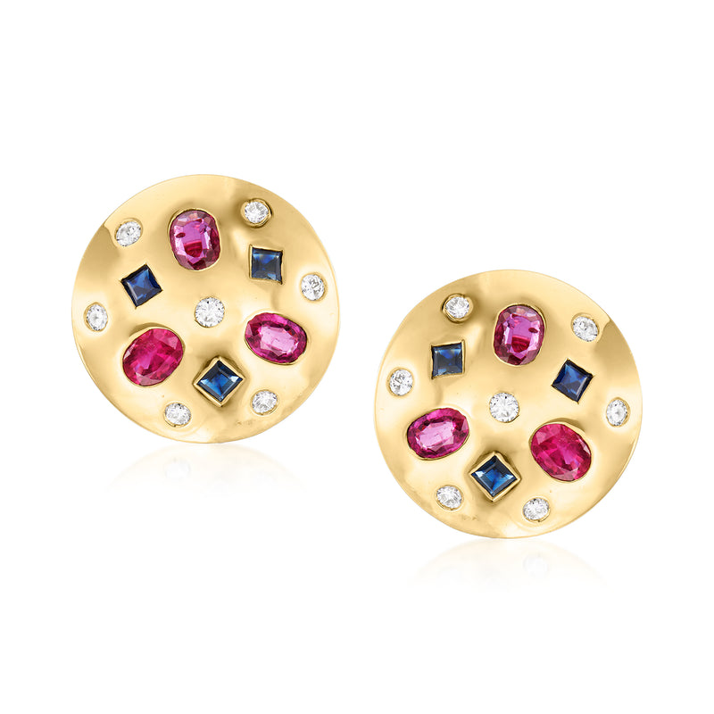 18kt yellow gold stud earrings with ruby pink stones, blue sapphires, and diamond accents