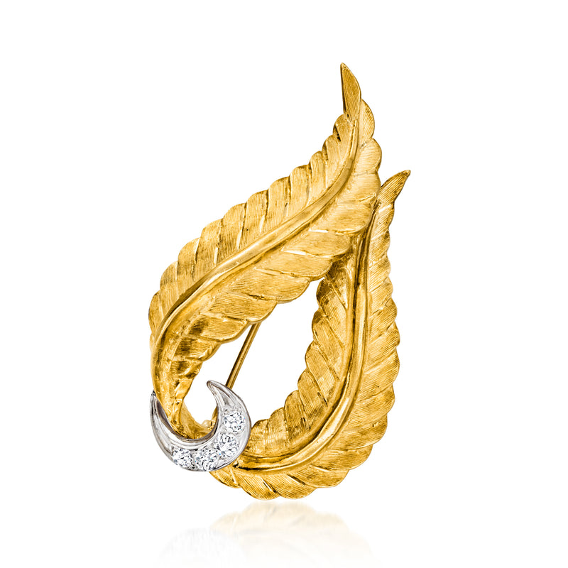 Two-tone gold feather diamond pin with curved leaf design and round diamond accents