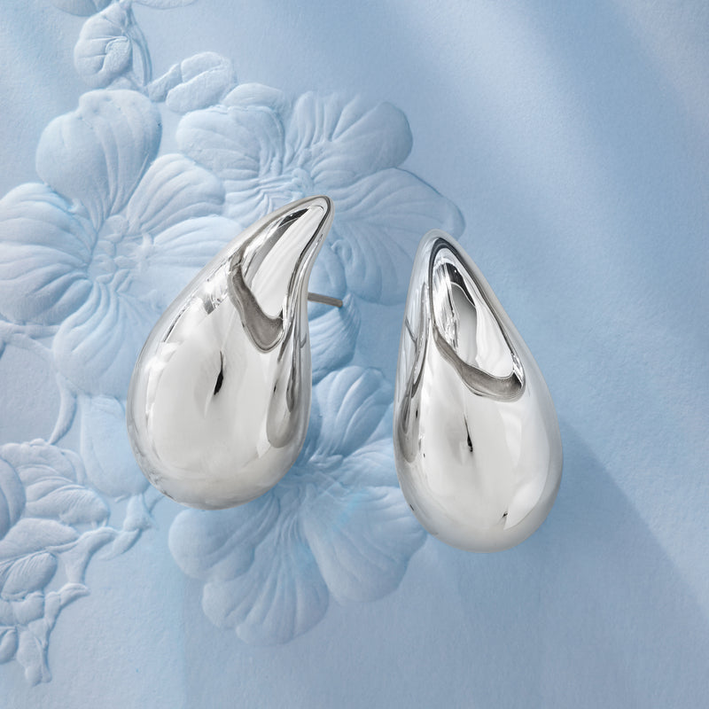 Sterling silver teardrop drop earrings, side angle polished curved teardrops