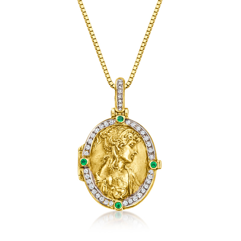 Vintage yellow gold cameo locket necklace with diamond halo and emerald accents