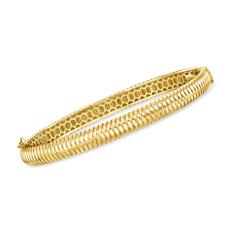 14kt yellow gold ribbed bangle bracelet with textured honeycomb band