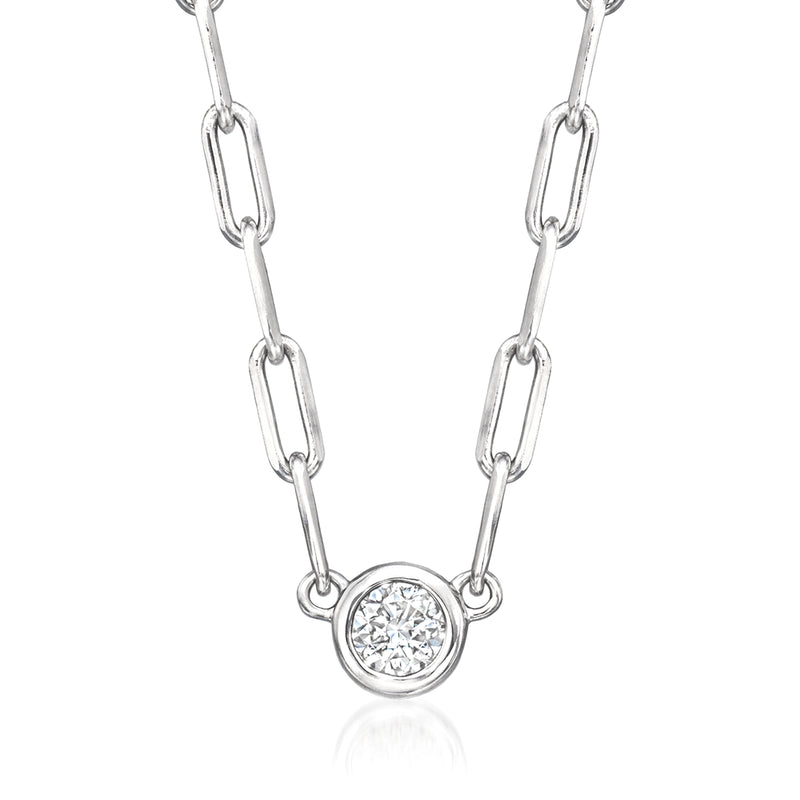 Sterling silver paper clip link necklace with round bezel-set diamond pendant