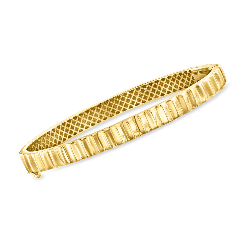 14kt yellow gold ridged bangle bracelet with mesh-pattern center