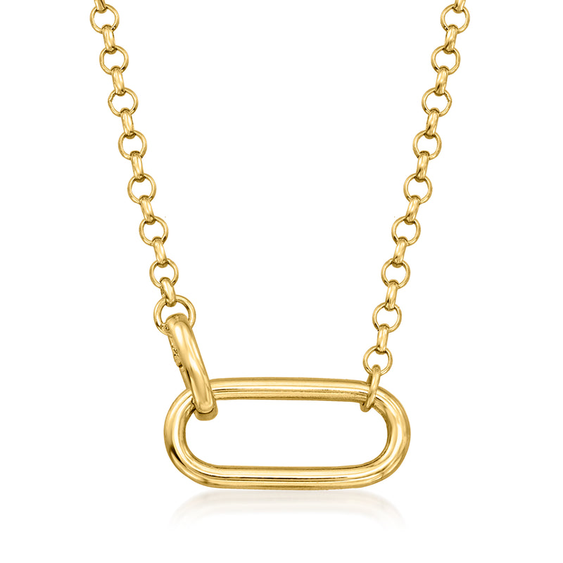 14kt yellow gold paper clip link station necklace with oval clasp pendant